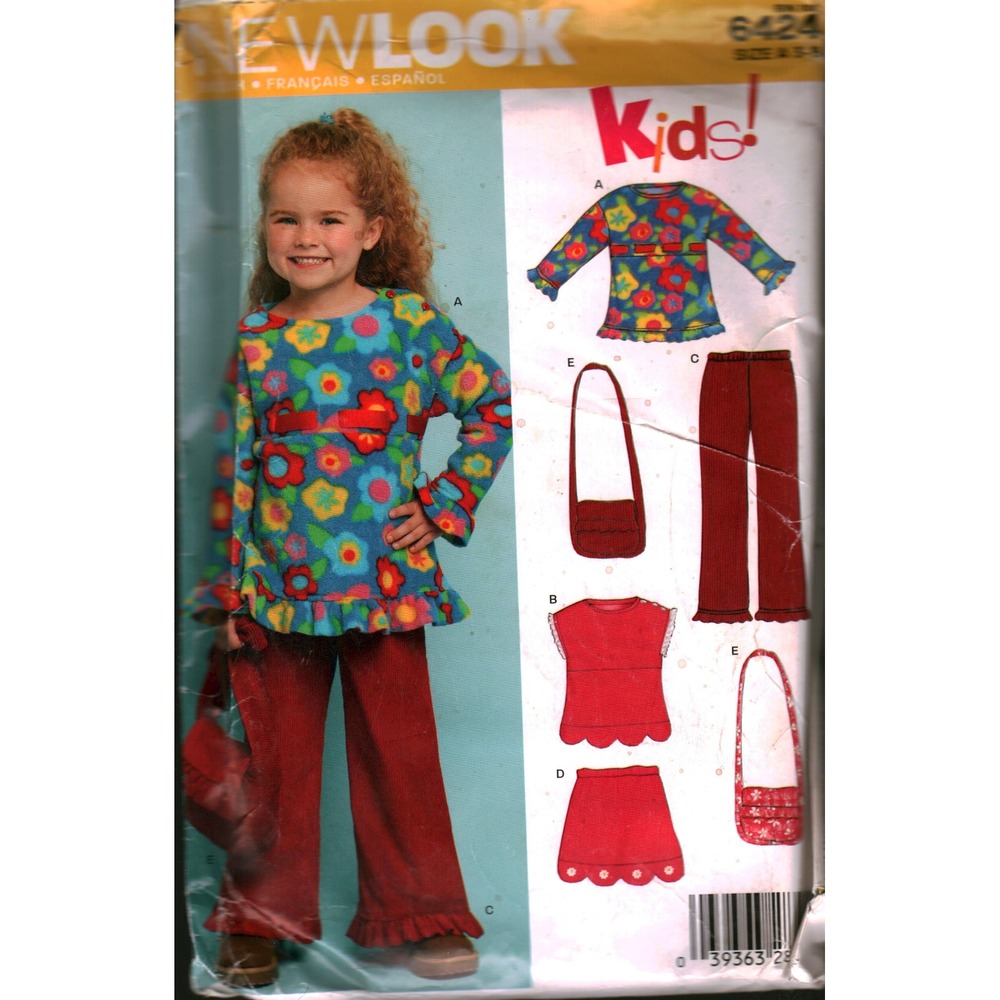 New Look 6424 Kids Sewing Pattern Girls Top Pants Skirt Bag Size 3-4 cut